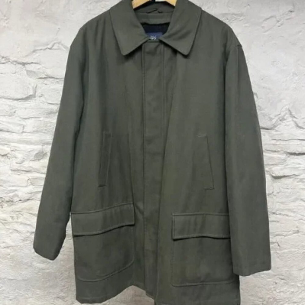 BROOKS BROTHERS Large Mens Car Coat Overcoat Zip Out Wool Liner Dark Green